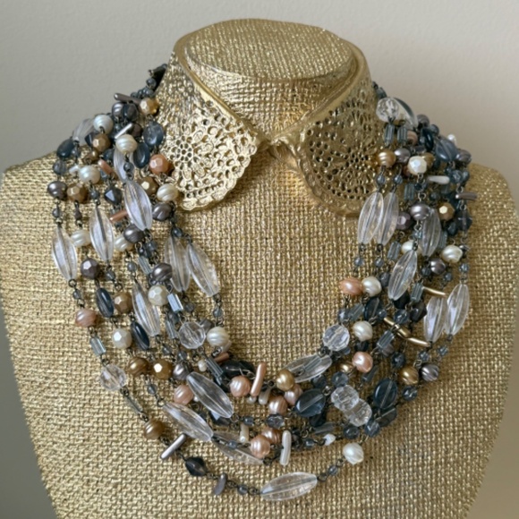 VINTAGE Necklace Beaded Multi Stranded Neutral Rhinestones Bib Antique - Picture 1 of 9